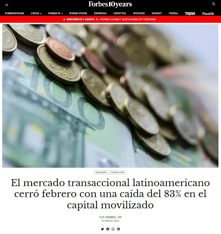 El mercado transaccional latinoamericano cerr febrero con una cada del 83% en el capital movilizado